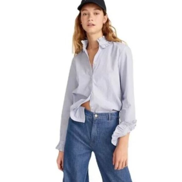 J.Crew Classic Fit Ruffle Collar Button Down Shirt Striped Navy White Preppy 8 - Picture 11 of 11